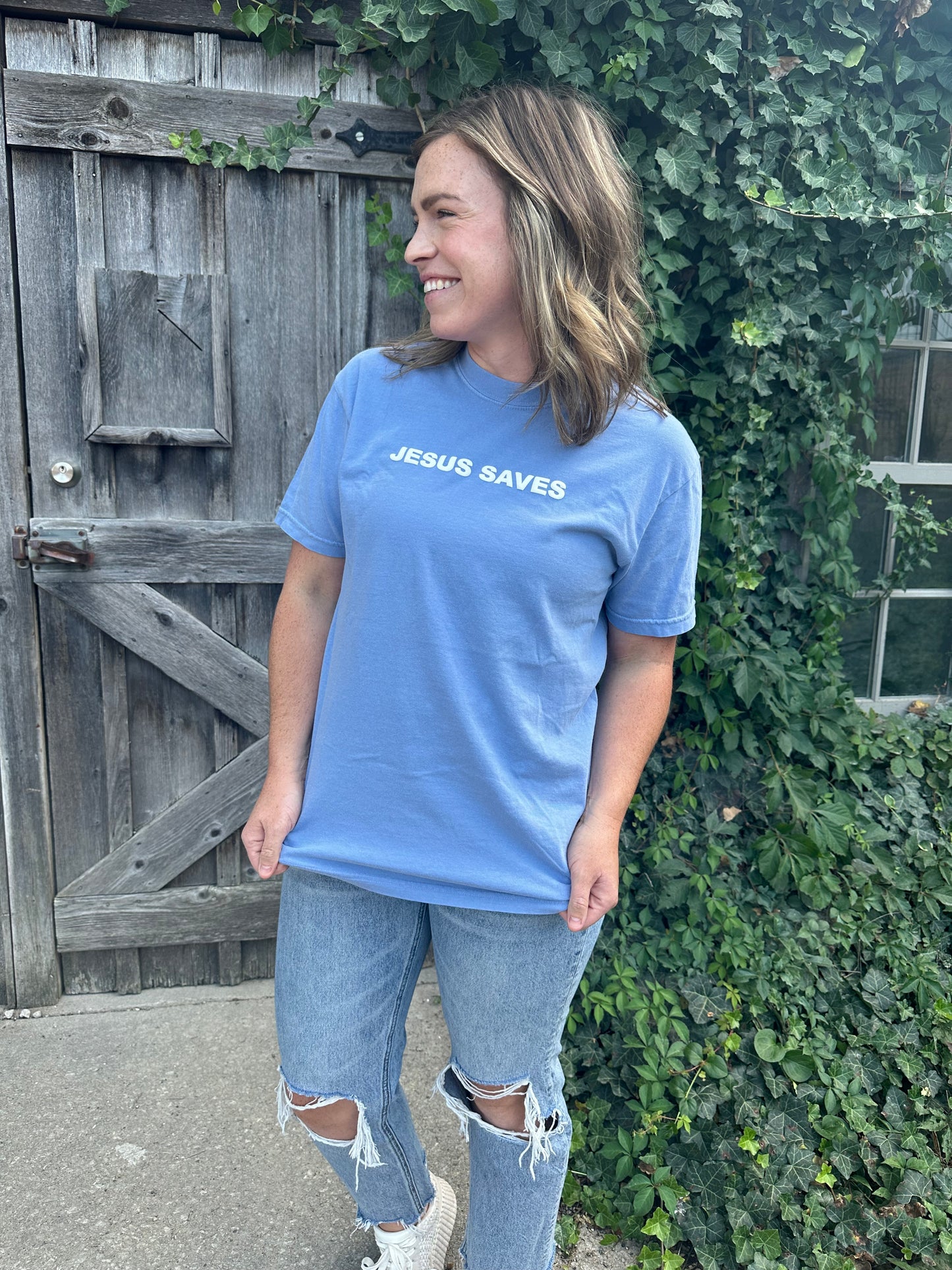 Jesus Saves Tee in Blue Jean