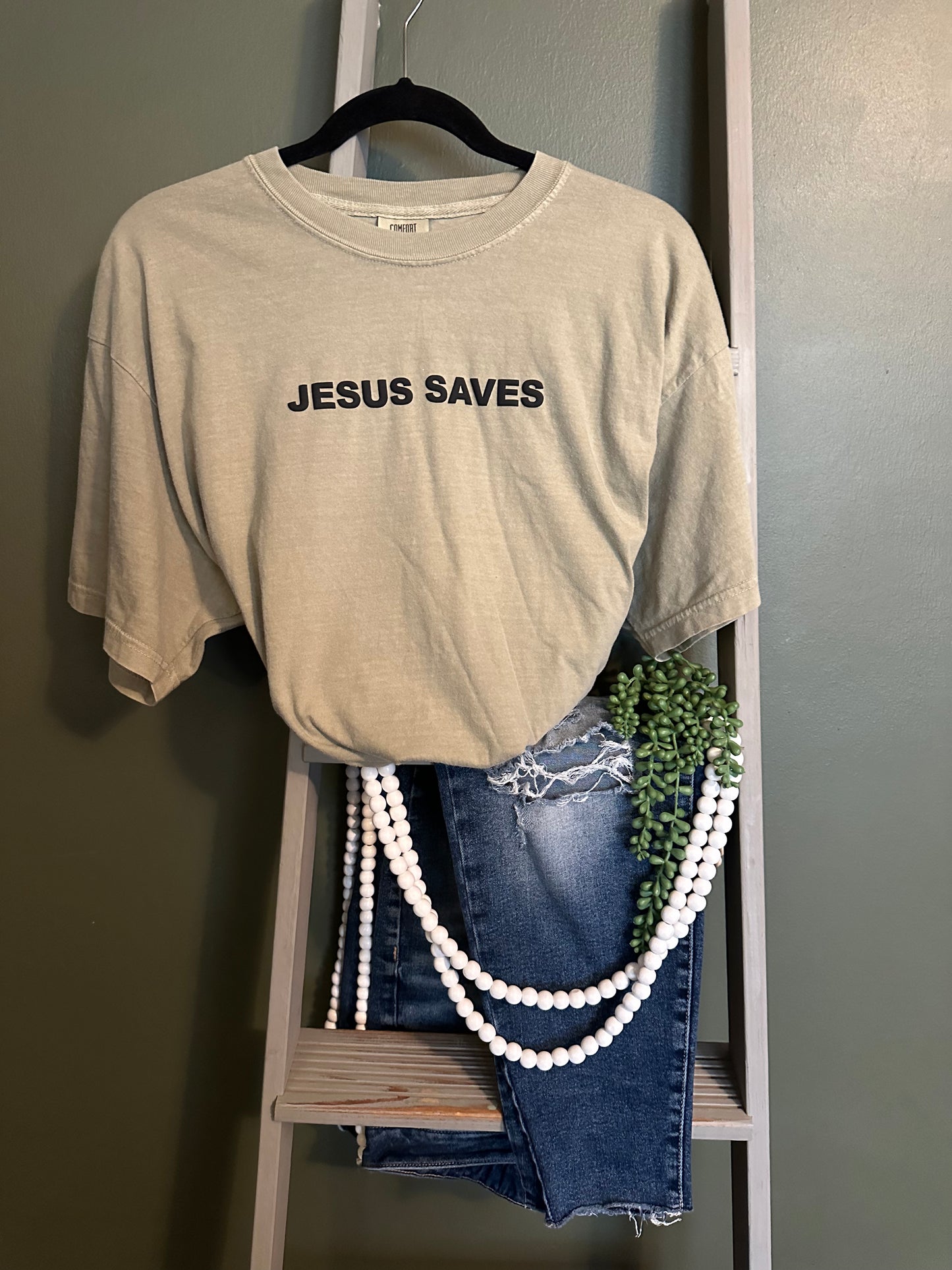 Jesus Saves Tee in Kahki