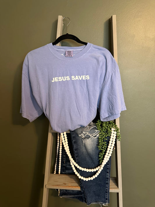 Jesus Saves Tee in Blue Jean